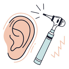 A human ear with an otoscope, the medical tool used to examine the ear canal and eardrum. The lines around the otoscope suggest light or sound, emphasizing its role in ear inspection and healthcare.