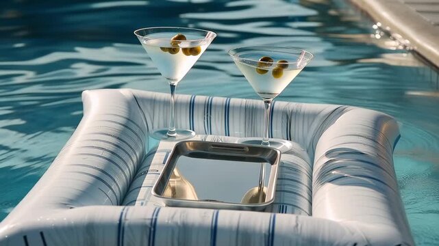 Enjoying drinks on a float in a swimming pool on a sunny day with friends and family having fun