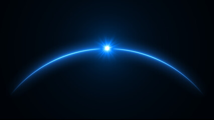Glowing Blue Sunrise Over Planet Horizon With Bright Star Flare Isolated on Dark Space Background. shining light rays, futuristic cosmic background for science, technology, astronomy illustration © rashida26