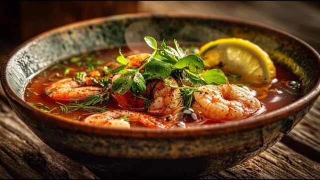 Delicious shrimp soup with fresh herbs and lemon in rustic bowl
