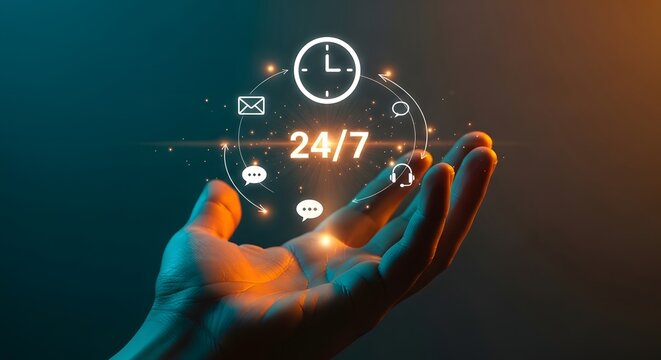 A human hand presenting a glowing futuristic interface with a clock and 24 7 availability icons high quality professional detailed modern elegant stylish clean crisp vibrant