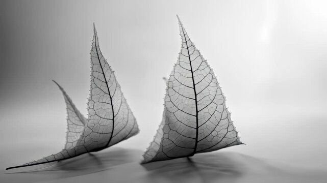 Black and white conceptual image of delicate skeleton leaves shaped like sailboats on a calm surface.