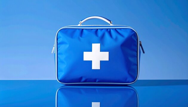 Blue first aid kit bag with white cross symbol, rectangular shape with rounded edges