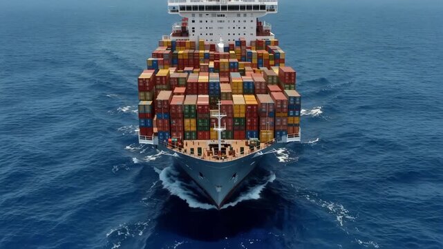 Shipping container ship sails across blue ocean on a sunny day with stacked cargo ready for delivery