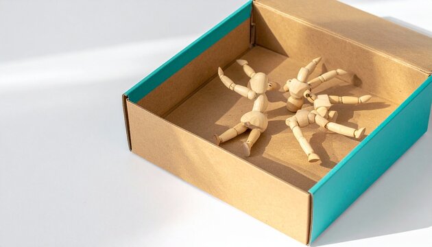 "Two wooden artist mannequins lying relaxed inside teal cardboard box with sunlight shadows."