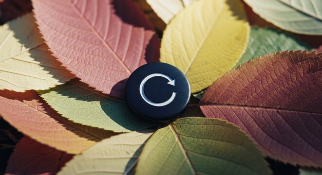A black disc with a curved arrow, surrounded by colorful autumn leaves