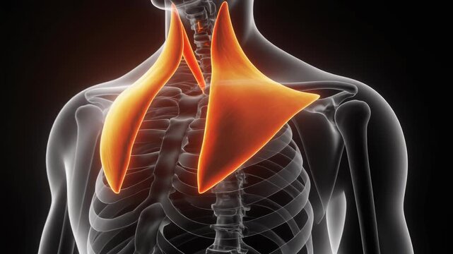 Anatomical illustration of the trapezius muscle highlighted in orange.