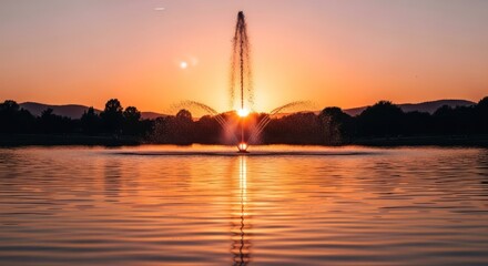 Fototapeta premium A fountain sprays water into the air, backlit by a vibrant sunset over a lake