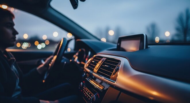 A person at the wheel inside a car, dashboard lit by soft interior and external lights