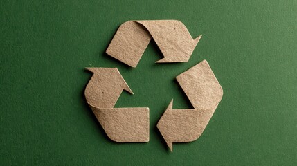 Recycling symbol made of brown recycled cardboard on dark green textured background