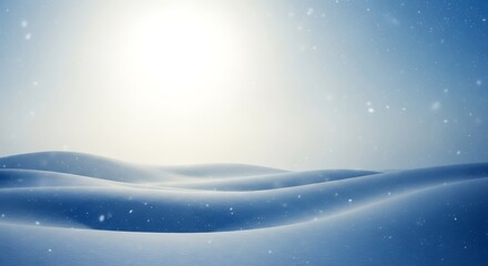 Naklejka premium Snow-covered landscape with gentle rolling hills, bright sky, and falling snowflakes