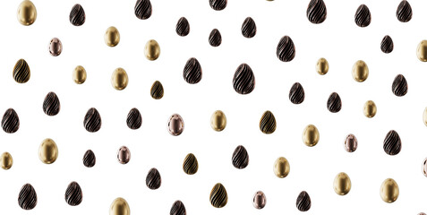 Stylish Easter egg pattern of golden and black eggs on a white background, perfect for holiday greetings and designs. Su © vegefox.com