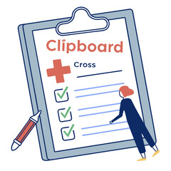 A clean, minimalist digital illustration of a medical clipboard and a pen.