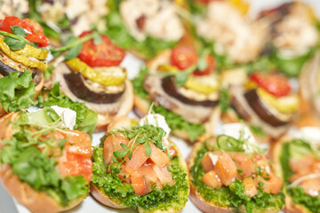 Assorted bruschetta with fresh vegetables, herbs, and salmon on a platter.