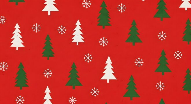 Christmas tree pattern background with green and white pine trees and snowflakes on red backdrop for holiday wrapping paper design