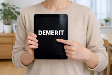 タブレットを指差してデメリットという言葉を強調するベージュの服を着た女性の上半身