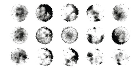 A collection of fifteen black circular grunge textures arranged in a grid pattern on a clean white background © md