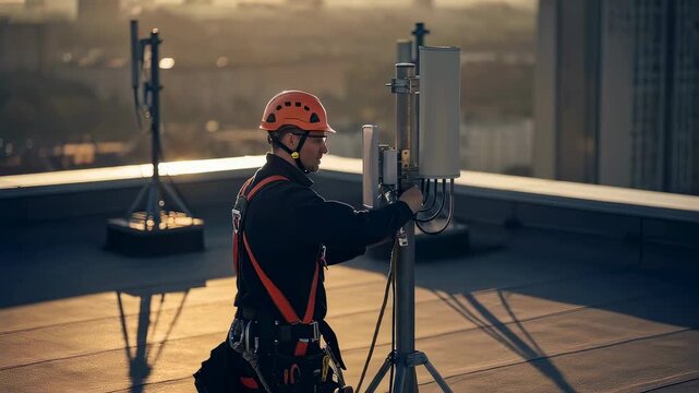 A man installing a cell tower antenna on a rooftop, technician adjusting communication equipment for internet and wireless networks