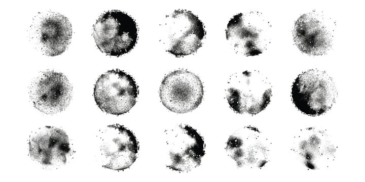 A collection of fifteen black circular grunge textures arranged in a grid pattern on a clean white background