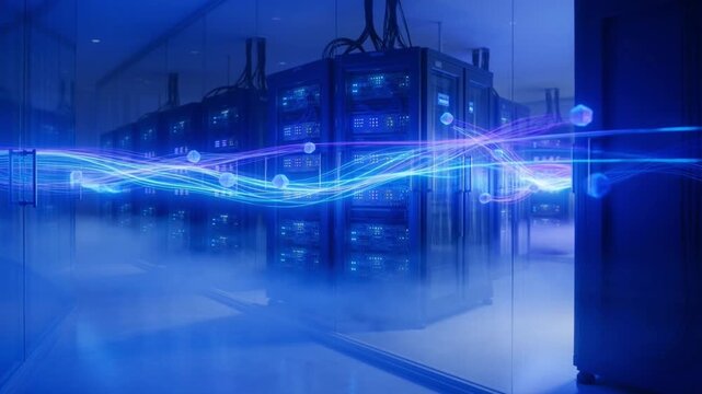 Modern Data Center Server Room with Flowing Blue Digital Light Streaks Secure Cloud Computing Technology Background Video