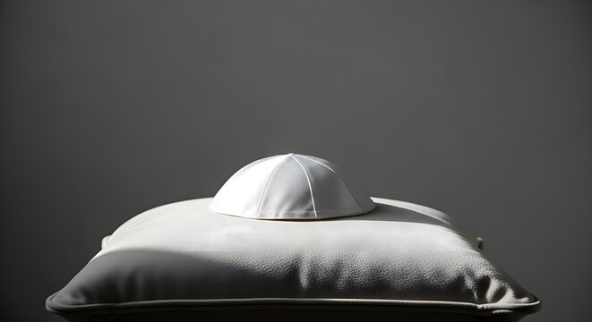 Religious Authority Symbol: White Zucchetto skullcap on soft cushion, Vatican leadership, catholic church tradition, papal dignity, spiritual service and holy christianity concept