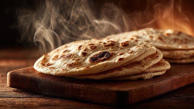 Freshly Baked Steaming Flatbread on Rustic Wooden Table