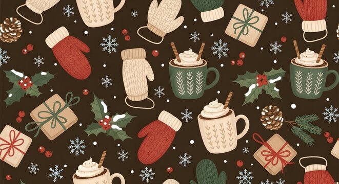 Cozy Christmas pattern with hand-drawn winter elements like mittens, hot cocoa, gifts, and holly, dark brown background, festive seasonal design for fabric