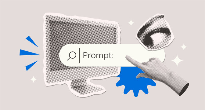 Halftone Collage of Artificial intelligence and digital technology. Hand gesturing index finger, eye, monitor and prompt bar . AI powered search engine. Generate content. Mixed media vector design