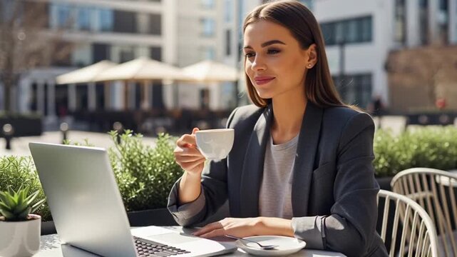 Business woman working on laptop outside.