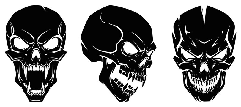 Evil Monster Skull Silhouette Vector Set with Sharp Fangs for Horror Design