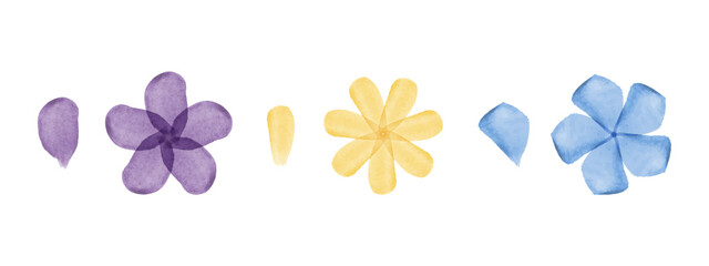 Naklejka premium Delicate watercolor artwork featuring three flowers in purple, yellow, and blue. Each flower is accompanied by a single matching petal, all placed against a clean white background.