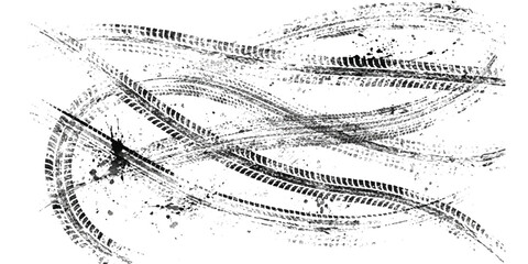Obraz premium Abstract black and white tire track texture with grunge splatters on a white background