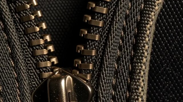 Close-up of metal zipper on fabric.