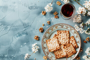 Passover  with matzo, red wine and spring blossoms on blue background. Flat lay, copy space