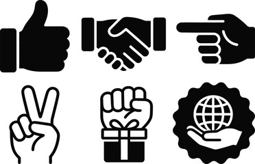 Obraz premium Hand Gesture and Global Support Icon Set. Handshake, Thumbs Up, and Unity Symbols. Vector Illustration