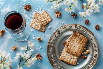 Passover  with matzo, red wine and spring blossoms on blue background. Flat lay, copy space