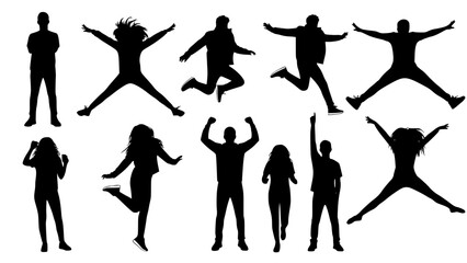 Fototapeta premium Silhouettes of young people jumping in fashionable clothes. Vector silhouettes man and women, illustration. Transparent background SVG version.