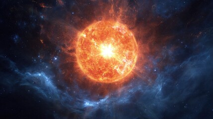 Obraz premium A brilliant star emits intense light and energy in the depths of space. Colorful clouds of gas and dust surround it, creating a mesmerizing cosmic scene.