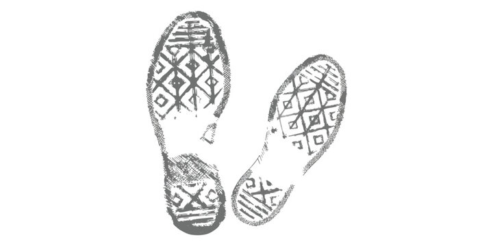 A detailed illustration of two sneaker footprints showing the intricate sole patterns in a monochrome style.