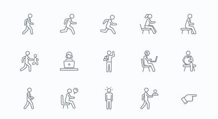 Fototapeta premium Collection of simple line art icons representing human activities and emotions.