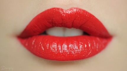 Obraz premium Close-Up of Glossy Red Lips with Perfectly Sculpted Shape, Ideal for Beauty, Makeup, Cosmetics, and Fashion Inspired Projects, Focus on Texture and Color