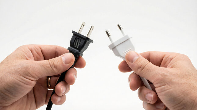 Two hands holding black and white electrical plugs for comparison  