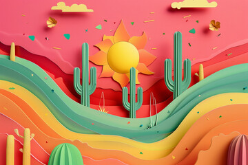 Cinco de Mayo festive desert landscape in colorful paper cut style with cacti and sun
