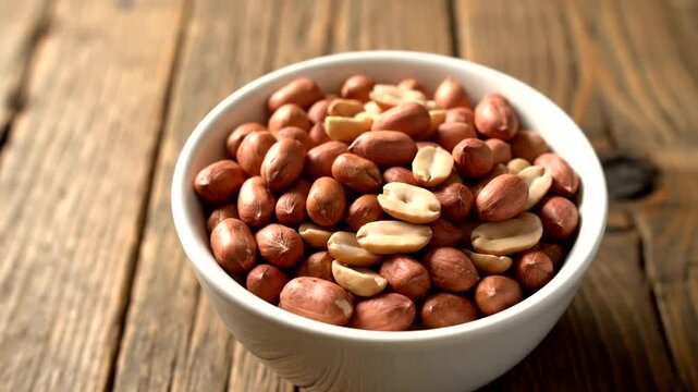 Close-up of peanuts being poured into a white bowl on a rustic wooden table, healthy snack concept.