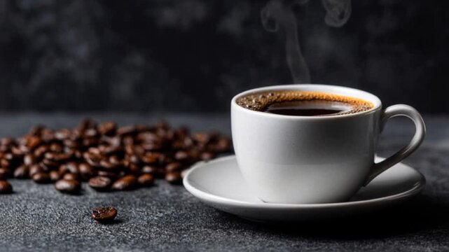 White cup of hot americano coffee with rising steam on dark background, surrounded by roasted coffee beans. Cozy moody scene, aroma concept, morning ritual, cafe menu and premium beverage theme.