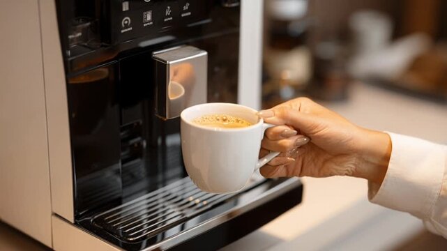 Female hand taking a white coffee cup from office coffee machine. Modern workplace scene, fresh brewed drink, morning routine, business lifestyle, caffeine break and productivity concept.