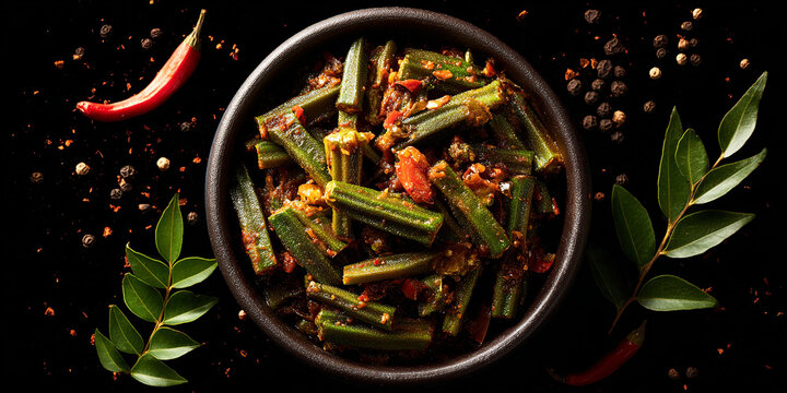 Bhindi Masala in dish on dark background and top view