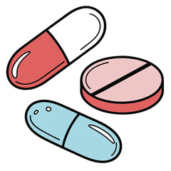 A simple, minimalist digital illustration of three different types of medication. It features a clean, hand-drawn style with bold black outlines and a flat color palette.