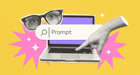 Trendy halftone collage. Artificial intelligence enabled internet search concept, finding a solution. Laptop with with hand and eyes. The Magic of Creativity with AI. Mixed media vector design