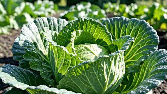 Fresh green cabbage head with dew drops in a sunny garden